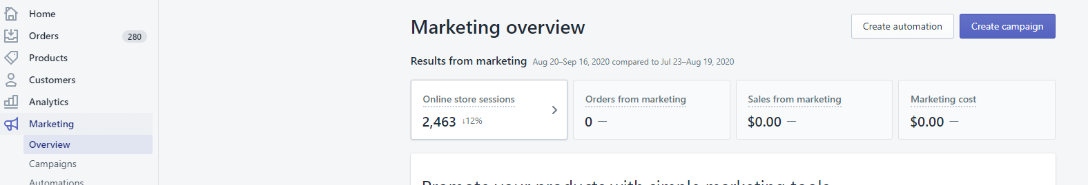 Marketing section of Shopify